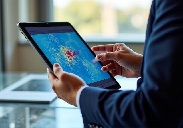 Professionista legale che analizza dati climatici su tablet